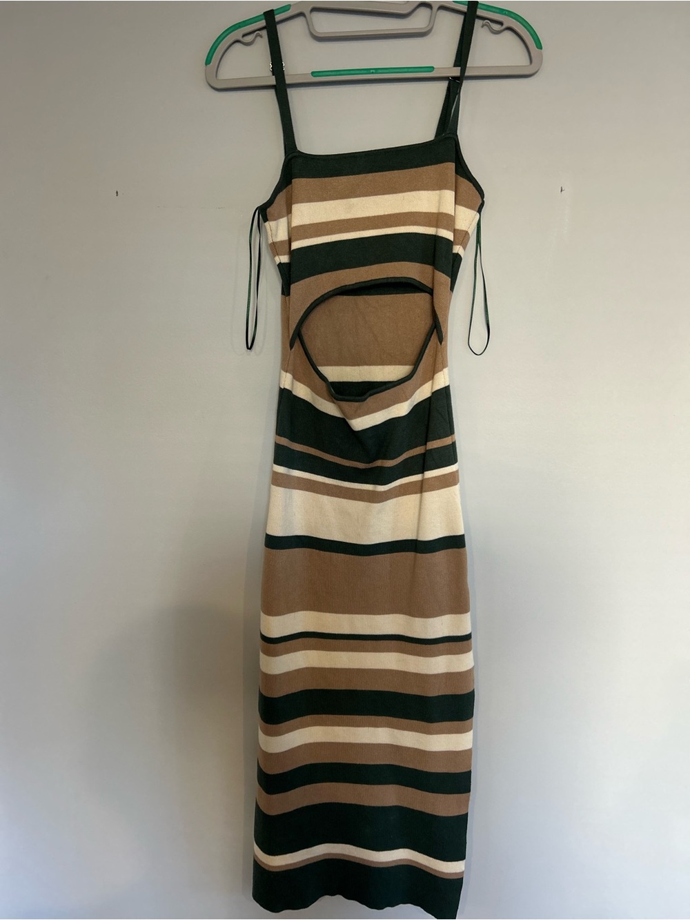 Striped Midi Dress with Front Cutout in Brown, Cream & Black